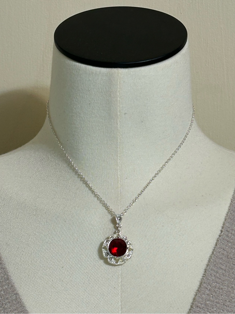 AVON COLETTA SILVER TONR AND FAUX RUBY NECKLACE